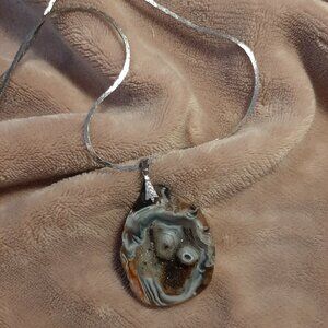 VINTAGE Chunky Silver Necklace with Large Oval Colourful Crystal Agate Stone